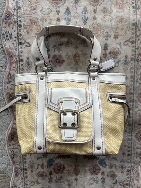 Coach Legacy Y2K Woven Straw Tote with Leather Buckle Detail